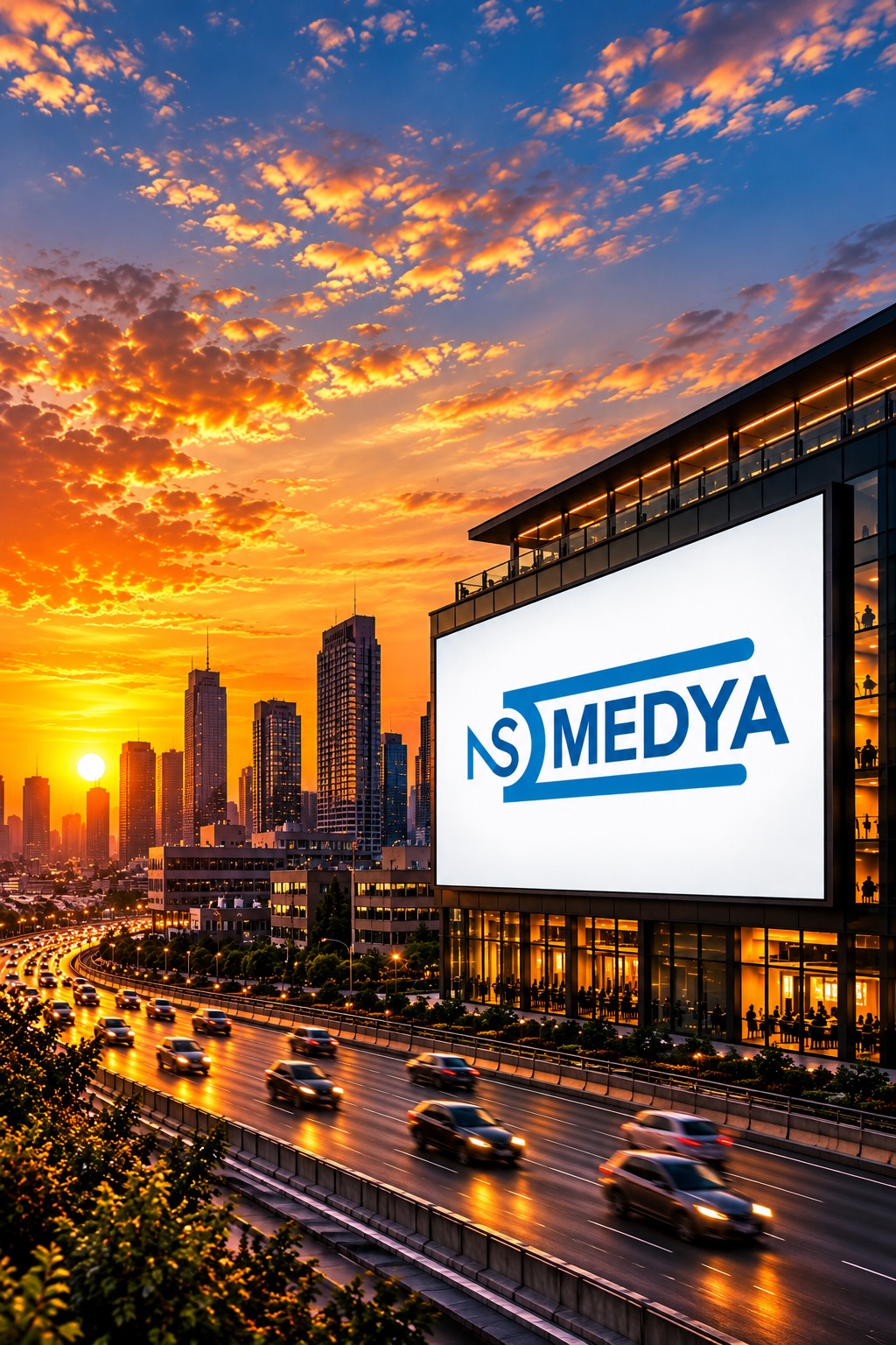 Gün batımında şehir manzarası ve NS Medya billboard uygulaması